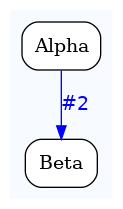 digraph test {
	ratio="compress"; concentrate = "true"; name = "AnalysisWorkflow"; pad = "0";
	analysis_Alpha [fillcolor="white", fontname="Times-Roman", label=<<table border="0" cellborder="0" cellspacing="0" cellpadding="1"><tr><td colspan="1">Alpha</td></tr></table>>, shape="Mrecord", style="filled"];
	analysis_Beta [fillcolor="white", fontname="Times-Roman", label=<<table border="0" cellborder="0" cellspacing="0" cellpadding="1"><tr><td colspan="1">Beta</td></tr></table>>, shape="Mrecord", style="filled"];
	analysis_Alpha -> analysis_Beta [color="blue", fontcolor="blue", fontname="Helvetica", label="#2\n"];

subgraph "cluster_tmpfkz6iffq" {
	label="";
	style="filled";
	colorscheme="blues9";
	fillcolor="1";
	color="1";
	analysis_Alpha;
	analysis_Beta;
}
}